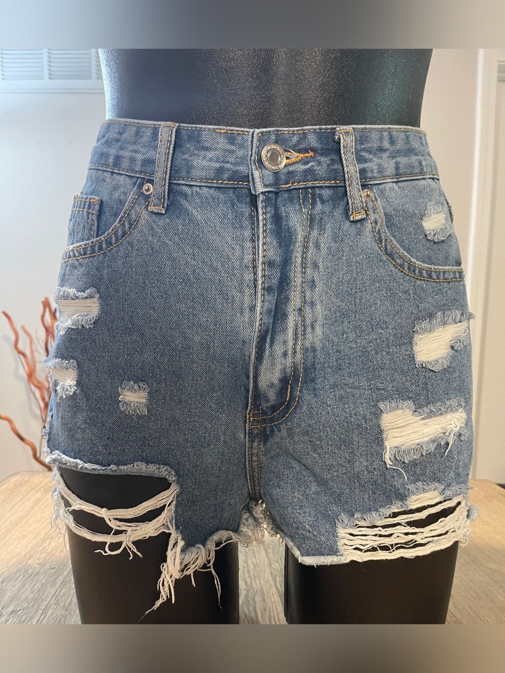 Distressed High-Waist Denim Shorts - Blue, Size 27 in.